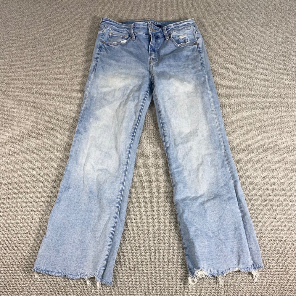 American Eagle Kick Boot Crop Jeans Womens 4 Short Blue Denim 26x23 Frayed Hem